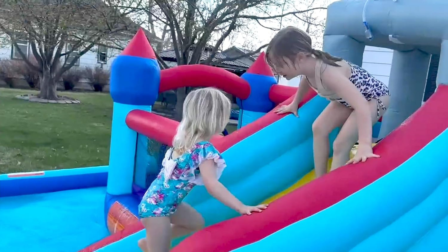 Inflatable Water Slides for Kids 8-in-1 Bounce House Water Park with 450W Blower Climbing Wall, Splash Pool, 2 Water Cannons, Basketball Hoop, Water Slide, Crocodile Sprinkler for Gift Backyard Party