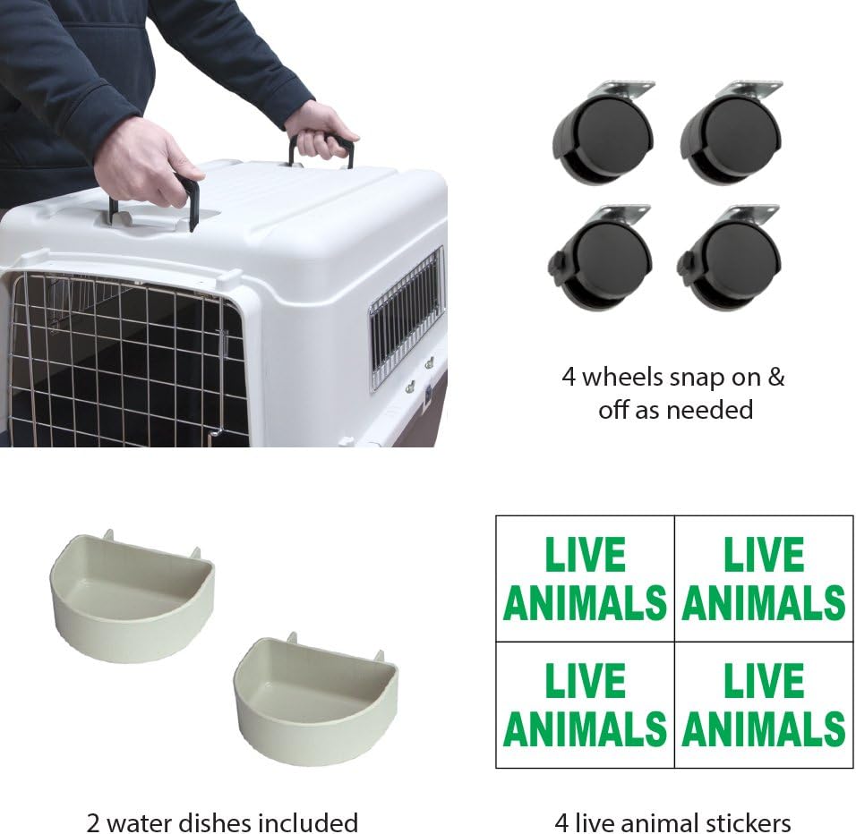 SportPet Designs Plastic Kennels Rolling Plastic Airline Approved Wire Door Travel Dog Crate, XXX-Large, Gray
