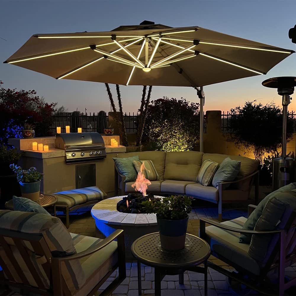 12ft Solar LED Patio Umbrella Outdoor Round Umbrella Large Cantilever Umbrella with LED Lights Windproof Bias Umbrella Heavy Duty Parasol for Garden Deck Pool Patio